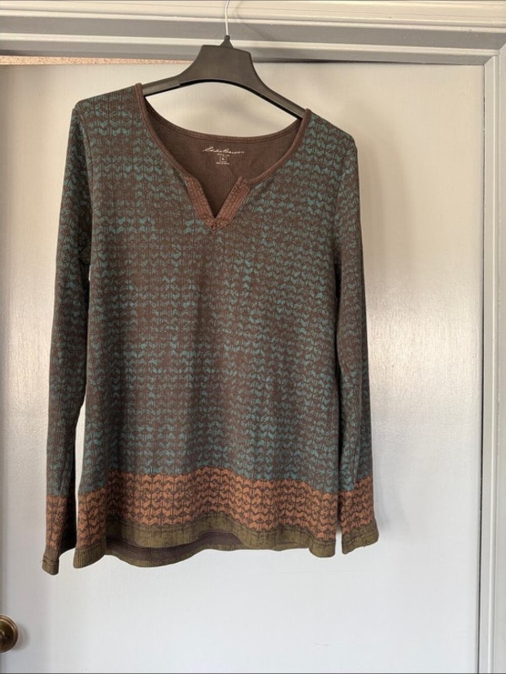 Eddie Bauer Women's Brown Blue Waffle Thermal Top Long Sleeves Border sz XL
